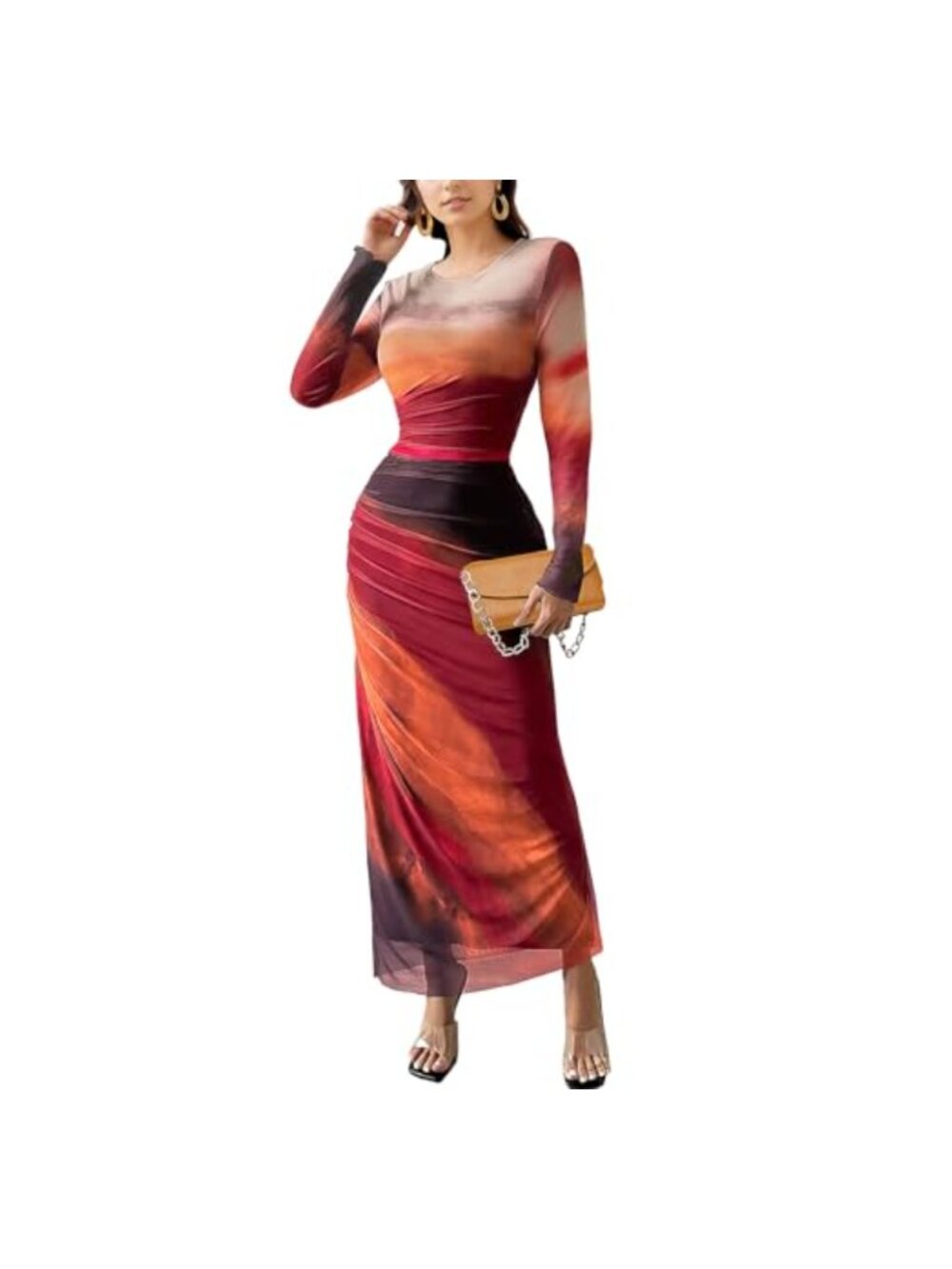 Women's Long Sleeve Mesh Maxi Dress Ruched Bodycon Tie Dye Party Cocktail